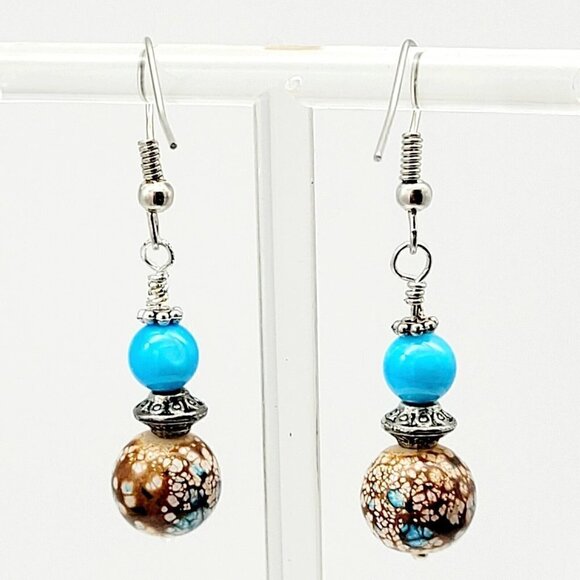 Artisan Glass Beaded Earrings Drop Dangle Blue Brown Spattered Silver Tone 1.75" - Picture 4 of 4